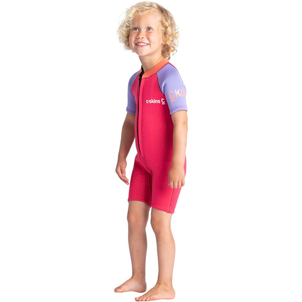 2025 C-Skins Junior C-KID 3/2mm Front Zip Shorty Wetsuit C-BA32SH - Coral / Lilac